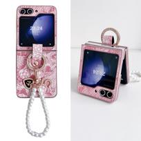 Dėklas Samsung Galaxy Z Flip 6 5 4 3, spalvingas, kiniško stiliaus, raštuotas, odinis, su žiediniu laikikliu ir apyranke, smūgiams atsparus galinis dangtelis for Galaxy Z Flip 3&case with bracelet gray