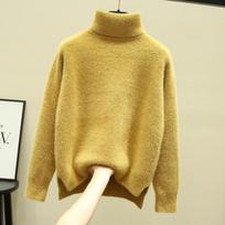 Moteriškas žieminis megztinis su storu apykakle, laisvalaikio šiltas pliušinis pamušalas, megzti viršutiniai drabužiai su aksominiu apatiniu mėlynu megztiniu One Size geltona