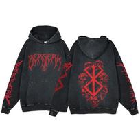 Berserk Anime Rūgščiai plauti džemperiai vyrams Vintažiniai medvilniniai džemperiai moterims Hip Hop su gobtuvu Y2K drabužiai Didelio dydžio S balta/juoda