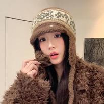 Retro Fair Isle Knitted Wool Hat with Velvet Lining and Ear Protection for Large Heads One Size kava