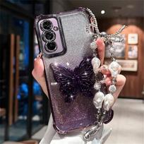 Perlų apyrankė Drugelio laikiklis Telefono dėklas Samsung A17 A07 A16 A36 A56 A15 A25 A35 A55 A14 A34 A54 Blizgantis Smūgiams atsparus dangtelis For Samsung A26 gray