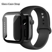 Stiklas + dėklas + dirželis Apple Watch apyrankei 44mm 45mm 42mm 41mm 40mm 38mm Silikoninė laikrodžio apyrankė iWatch series 8 9 7 6 5 4 3 SE 40mm series 654 se juoda