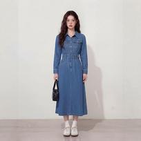 Plus-Size Women's Clothing for Fat Girls, Hong Kong Style Retro Denim Long-Sleeved Waist-Cinching Dress, 2026 Spring Slimming and Versatile Dress Long Style 4XL gray