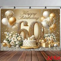2D Laimingos 60-osios Gimimo Dienos Fonas Auksiniai Balti Balionai Tortas Gėlės Nuotraukų Fonas 59x51.1inch/150*130cm beige