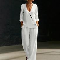 Women's Two Piece Set V Neck Buttoned Blouse and Wide Leg Pants Loose Fit Casual Outfit Suitable for Everyday Wear S balta