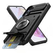 Šarvuotas apsauginis dėklas su magnetiniu besisukančiu žiedu-stovu, skirtas Samsung Galaxy S26 S25 S24 Ultra Plus A55 A35 5G, su piniginės kortelių laikiklio dangteliu Galaxy S23+ juoda
