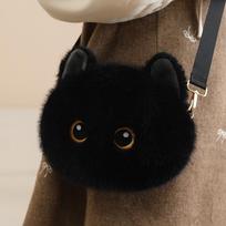 Trikolorinė juodo katino pliušinė rankinė per petį - miela, universali peties rankinė ir gimtadienio dovana. 23cm x 18cm, 0.155kg black