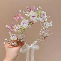 Beads Butterfly Fairy Hair Hoop Simulation Flower Wreath Headband Girls Garland  Seaside Vacation beige