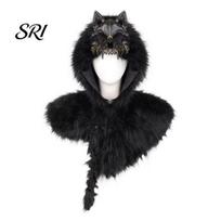Retro vikingų stiliaus apsiaustas Vilko galvos skara, su gobtuvu iš dirbtinio kailio, suaugusiems, unisex, fantazijos, Helovino, cosplay, kostiumų vakarėlio, scenos pasirodymų juoda