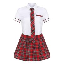 Moterims 3 dalys Mokinukės Cosplay Kostiumas Mokyklinė Uniforma Trumpomis Rankovėmis Marškiniai Languotas Sijonas Kaklaraištis Rinkinys S raudona