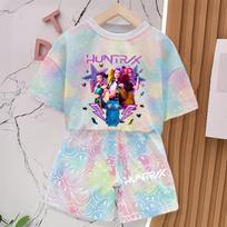 New KPOP Demon Hunters T-shirt Pants Set Girls Summer Clothing Kawaii Smile Face Short Sleeve Outfits Kids Tee Top Pajamas Gift 110 gray