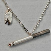 Simulated cigarette shaped pendant necklace with two tone diamond studded collarbone chain, suitable for daily party and street wear gray