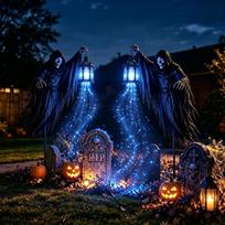 Animuotas sodas su Grim Reaper, Sielų rinkėjo Helovino sodo šviesa, Helovino kiemo dekoracija su šviečiančiu vaiduokliu ir žibintu blue