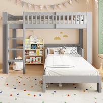 Modular Solid Wood Children's Set 90x200 cm, Bunk Bed + Single Bed Combinable, Assembly Variants, Fall Protection, Rounded Edges, Siblings' Room, Grey 215 x 104 x 150 cm pilka