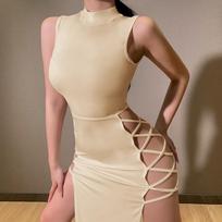 Moteriškas sarafanas 2023 m. Vasaros nauja seksuali suknelė be rankovių su skeltu diržu, tuščiavidurė „Camisole Clubwear“ vakarinė suknelė M smėlis