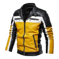 Vyriška geltona odinė striukė „Patchwork“ dviratininko striukė Vyriška laisvalaikio paltas su užtrauktuku Vyriška striukė motociklui Slim Fit kailiniu pamušalu viršutinių drabužių paltas XL black