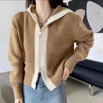 Autumn New Double Zipper Knitted Hooded Sweater Cardigan Women Fashion Winter Long Sleeve Casual Cardigans Jacket Female Elegant Solid Knitwear 24800 One Size chaki