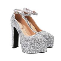Bling Bling Silver Gold Glitter Shoes Woman Ultra High Heels Platform Buckle Sequin Red Pumps Ladies Party Prom Wedding 34 brown