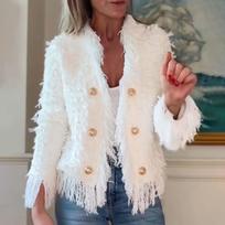 Moterų madingas kardiganas-striukė su kutais, ilgomis rankovėmis, atviras priekis, vakarėliams, kutais, rudens apranga XL balta