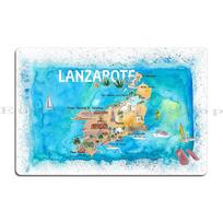 Lanzarotė Kanarų salos Ispanija Iliustruotas žemėlapis su lankytinomis vietomis ir įžymybėmis Metalo Partijos Svetainės Geležies Dizainas Pub Skardos Ženklas Plakatas 20x30cm（7.8x11.8inch） blue