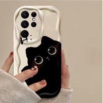 Animacinis Didelių Akių Juodas Katukas Dėklas Samsung Galaxy S25 S24 Ultra S23 S22 S21 S20 Plus FE A56 A36 A26 A17 A07 Telefonams, Minkšto Silikono Dėklas Galaxy A36 5G