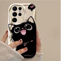 Animacinis Didelių Akių Juodas Katukas Dėklas Samsung Galaxy S25 S24 Ultra S23 S22 S21 S20 Plus FE A56 A36 A26 A17 A07 Telefonams, Minkšto Silikono Dėklas Galaxy S25 Ultra beige