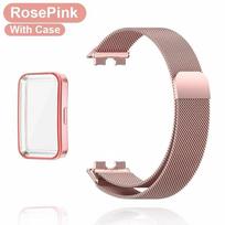 Metalinė apyrankė Huawei Band 8 9 10 apyrankei su TPU dėklu Ekrano apsauga Minkšta plėvelė Pakeitimas Milanietiškas magnetinis kilpos laikrodžio dirželis Huawei Band 8 & 2IN1 rožinė