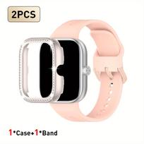 2pcs Set For Redmi Watch 5/6 Sport Band Crystal Hollow Protective Case Classic Business Breathable Solid Color Strap For Redmi Watch 5 black