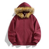Amerikietiško retro stiliaus gobtuvas su kailiniu apykakle, įstrižu užsegimu, šiltas užtrauktukas XXXL brown