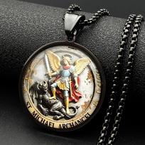 ŠVENTASIS MYKOLAS Arkangelas, nugalintis velnią, Stiklinis medalis Pakabukas Karoliai Nerūdijantis plienas Paauksuotas Krikščioniškas Amuletas Papuošalai gray