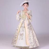 Mergaičių vaikų viduramžių rūmų princesės vakarėlio Cosplay kostiumas Renesanso raukinė puošni suknelė Vintažinis suknelės ir kepurės rinkinys 140 violetinė