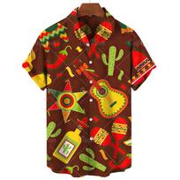 Mens Cactus Sombrero Printed Summer Loose Daily Button Shirt 5XL red