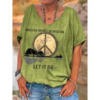 Ladies Hippie Let It Bet Print T-Shirts Women's V Neck T Shirt Short Sleeve Casual Loose Tops 5XL brown