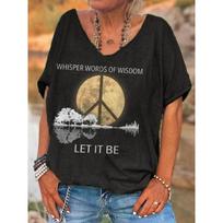 Ladies Hippie Let It Bet Print T-Shirts Women's V Neck T Shirt Short Sleeve Casual Loose Tops XL black