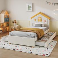 Children's Bed 90x200 cm House Bed Upholstered Bed in Beige, with 4 Drawers, Storage Bed, Youth Bed with French Velvet, House Headboard 208.5 x 96 x 112.5 cm smėlis