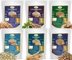 Biotic Safed Musli, Ashwagandha, Shatavari, Gokhru, Vidarikand & Kaunch sėklų milteliai - 300 g (po 50g)
