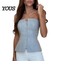 Sleeveless Tops Women Sexy Tube Bandeau Zipper Slim Fit Placket Solid Color Party Streetwear L balta