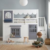 Kids' Loft Bed 90x200 cm White with House Design, Storage Staircase, Door and Windows, Wave Roof Edge, with Fall Protection and Side Storage 254 x 103 x 180 cm balta