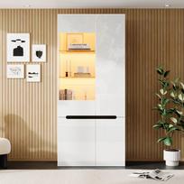Display Cabinet with LED, 4 Hinged Doors with Safety Glass Partition, High-Gloss Front, for Living Room, Dining Room, Bedroom, White, 80×35×180cm 80 x 35 x 180 cm balta