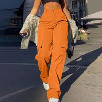 Streetwear Pagrindinės Sagtimi Cargo Kelnės Moterims Kelnės Vienspalvės Tiesaus Kirpimo Didelės Kišenės Plačios Sportinės Kelnės Šviesios XS oranžinė