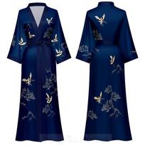 Kinietiško stiliaus moteriški naktiniai marškiniai su ilgu chalatu Retro satino miegui naktiniai marškinėliai pusrankoviais kimono chalatas, laisvas namų dėvėjimas One size blue
