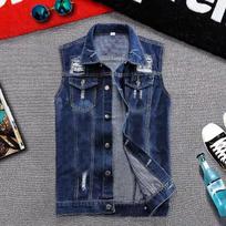 Hong Kong Style Retro Denim Vest Men's Youth Loose Casual High Street Sleeveless Waistcoat Vest Jacket XS blue