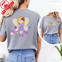 Kawaii Polly Pocket marginti marškinėliai Mieli Polly Pocket viršutiniai drabužiai Vasariniai vyriški apvalios apykaklės trumpomis rankovėmis Klasikinis raštas Animacinių filmų marškinėliai S gray