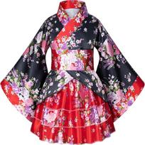 Japoniškas tradicinis drabužis Kimono chalatas vaikams mergaitėms Kostiumas Šilkiniai sulankstomi vėduokliai Plaukų segtukas Lapės kaukė Rinkinys Cosplay apranga 140 raudona juoda spalva