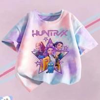 KPop Demonų Medžiotojų Marškinėliai Vaikams Violetiniai Dažyti Tie-dye Viršus Mergaitėms Apvalia Kaklo Apranga Trumpomis Rankovėmis T-shirt Vaikams Vasaros/Rudens Drabužiai 130 gray