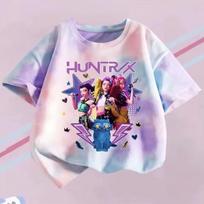 KPop Demonų Medžiotojų Marškinėliai Vaikams Violetiniai Dažyti Tie-dye Viršus Mergaitėms Apvalia Kaklo Apranga Trumpomis Rankovėmis T-shirt Vaikams Vasaros/Rudens Drabužiai 130 gray