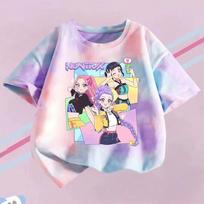 KPop Demonų Medžiotojų Marškinėliai Vaikams Violetiniai Dažyti Tie-dye Viršus Mergaitėms Apvalia Kaklo Apranga Trumpomis Rankovėmis T-shirt Vaikams Vasaros/Rudens Drabužiai 140 gray
