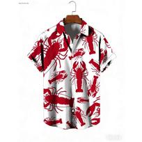Men Hawaiian Shirt Lobster Printing Shirt Leisure Shirt Summer Fashion Casual Beach Vacation Short Sleeve Men Clothing Tops 3XL red