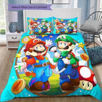 Super Mario Bros pilnos komandos patalynės komplektas, 1 antklodės užvalkalas ir 2 pagalvių užvalkalai, tinkamas miegamajam, idealus dovana gerbėjams 135x200cm blue