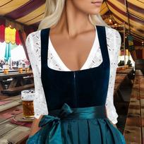 Tradicinė moteriška Oktoberfest Dirndl suknelė su išpjovomis ilgomis rankovėmis palaidine ir be rankovių prijuostės stiliaus liemeniu šventiniam dėvėjimui M balta
